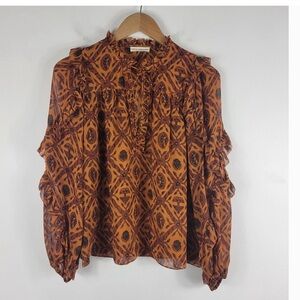 Ulla Johnson Rana Silk Sheer Split Tie neck w Balloon sleeve Ruffle Blouse